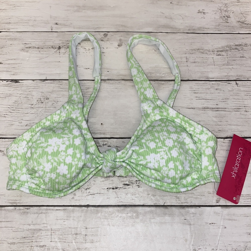 Xhilaration Bikini Top Womens XS Green Floral White Padded‎ Knot Swim NEW XS